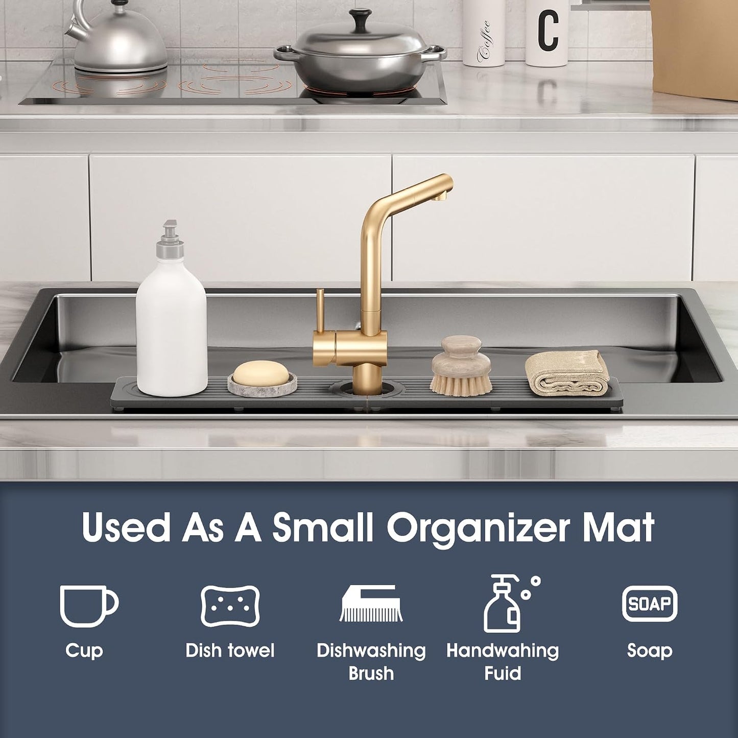 Quick Drying Stone Faucet Mat for Kitchen Sink - Diatomite Sink Mat Absorbing Stone Tray for Bathroom Counter, Sink Faucet Splash Guard Water Protector Matt for Kitchen Counter(White, 14" x 3.9")