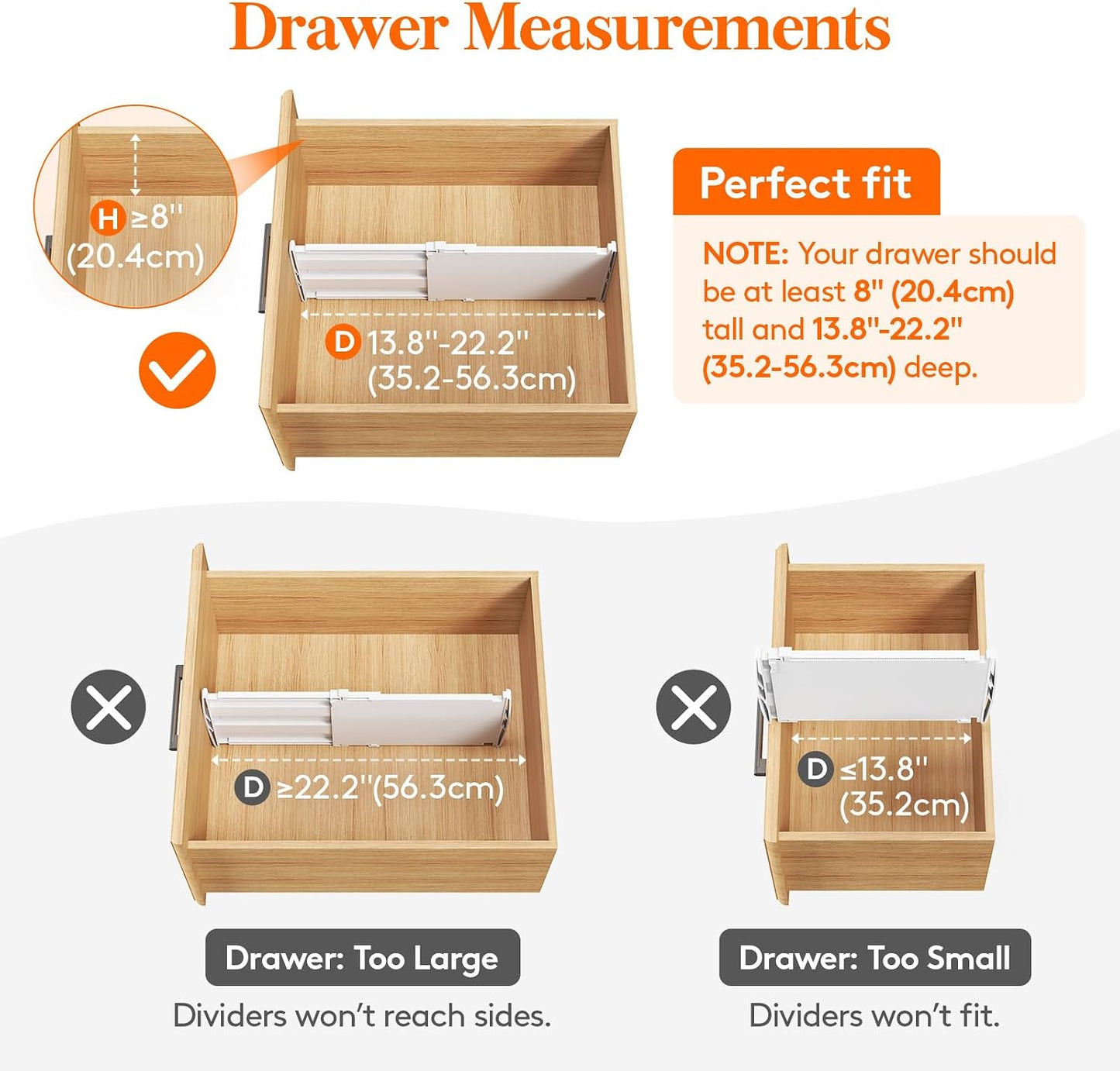 Lifewit 8" Tall Drawer Dividers, Adjustable Deep Drawer Organizer Clothes | 4 Pack 13.8"-22.2" Expandable White Plastic Separators for Dresser, Kitchen, Cabinet, Closet, Office Organization & Storage