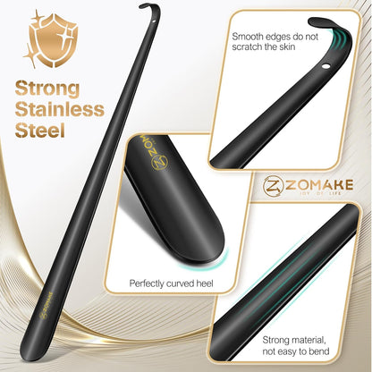 ZOMAKE Shoe Horn Long Handle for Seniors Men Women, Metal Shoehorn 16.5" | Stainless Steel Boot Horn Shoe Spoon Helper, Smooth Rounded Curve, Comfort Grip, No Bending Over, Shoe Care for Daily Use