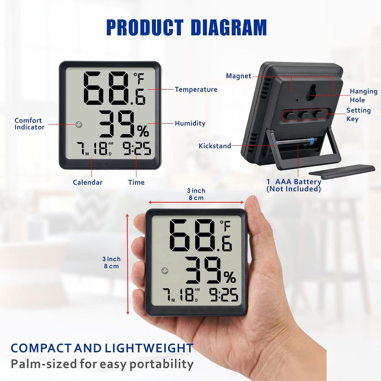 Room Hygrometer Indoor Thermometer for Home, Black | Small Digital Temperature Humidity, Comfort Indicator, Digital Clock & Calendar, Desktop Humidity Meter, Compact Size