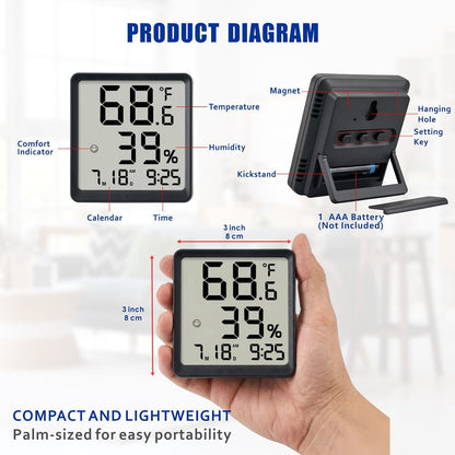 Room Hygrometer Indoor Thermometer for Home, Black | Small Digital Temperature Humidity, Comfort Indicator, Digital Clock & Calendar, Desktop Humidity Meter, Compact Size