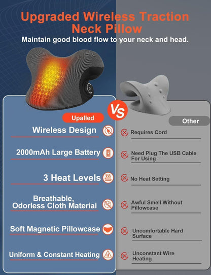 Upalled Wireless Heated Neck Stretcher for Pain Relief, Portable Cordless Neck Shoulder Cervical Traction Device with Graphene Heating Pad No Smell Magnetic Therapy Case Relaxer for Spine Alignme