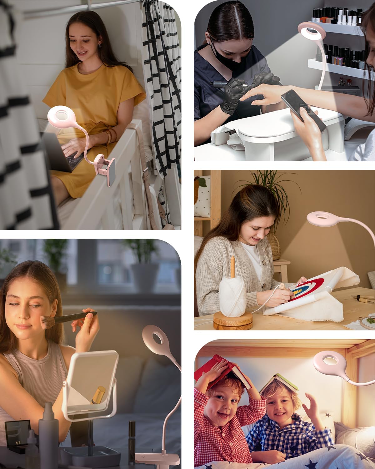 CUHIOY Rechargeable Clip on Reading Light for Bed Headboard, Pink, 1 Pack | Large Clamp Flexible Neck, Battery Desk Lamp, 5 Color 5 Brightness Touch Control, Flicker-Free LED Bedside Night Light