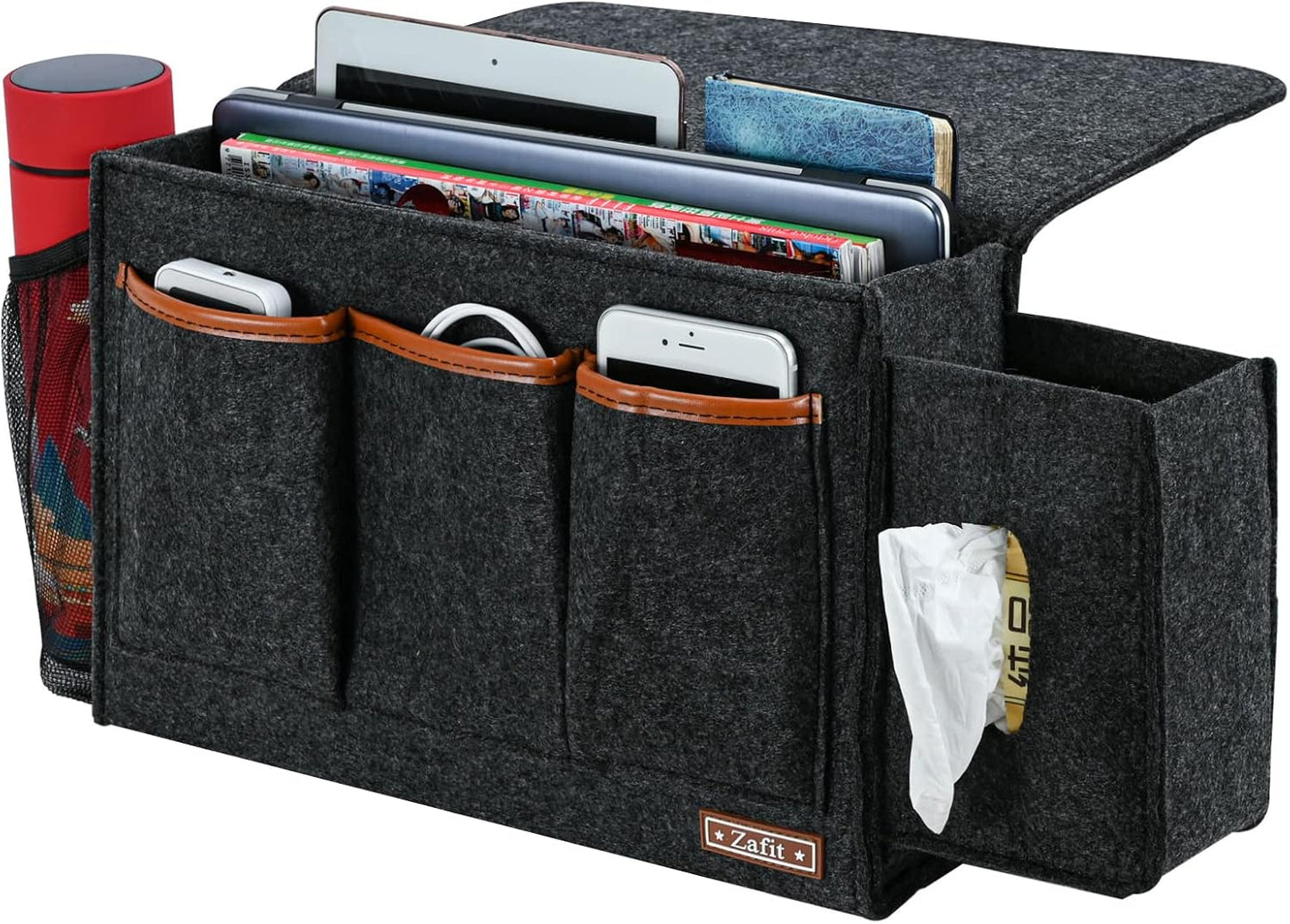 Zafit Bedside Caddy, Large Size Bedside Storage Organizer Bedside Organizer Caddy for Magazine Remotes Phone (13.4'' x 18.1'' Plus Size, Dark Grey)
