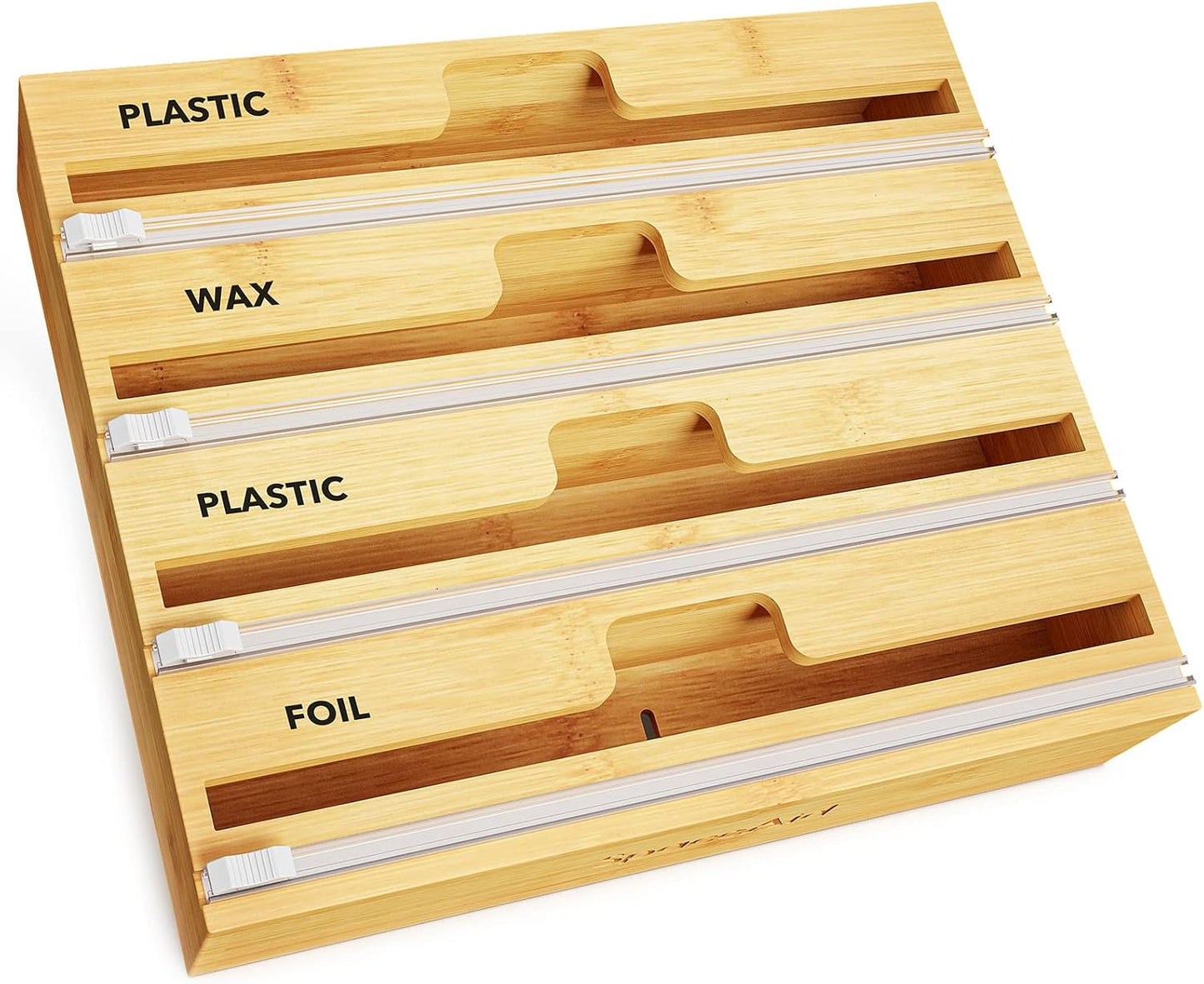 SpaceAid WrapNeat 2 in 1 Wrap Organizer with Cutter and Labels, Plastic Wrap, Aluminum Foil and Wax Bamboo Dispenser for Kitchen Storage Organization Holder for 12" Roll (Natural, 2-Slot)