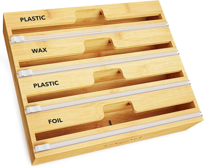 SpaceAid WrapNeat 2 in 1 Wrap Organizer with Cutter and Labels, Plastic Wrap, Aluminum Foil and Wax Bamboo Dispenser for Kitchen Storage Organization Holder for 12" Roll (Natural, 2-Slot)