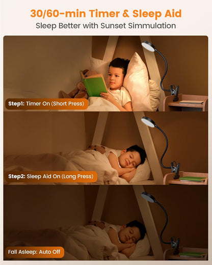 Glocusent 72 LED Desk Lamp, Bed Lamp with Amber Ring& Amber Mode | 3 Colors & 5 Brightness, 2.75" Clamp & 30Min Timer, USB Powered with Remote, Clamp Light for Headboard/Dorm/Bunk/Work/Craft