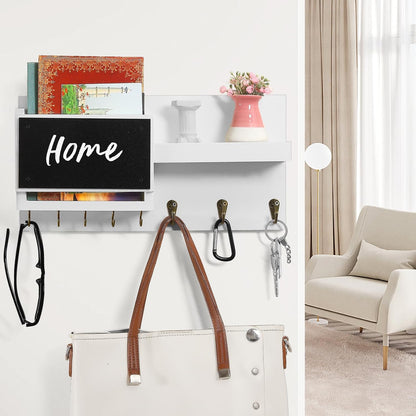 Decorative Key Hanging Rack with 8 Hooks – Easy Install Natural Wooden Key and Mail Holder for Wall Mount – Sunglasses Wallet Holder Entryway Decor with Shelf and Chalkboard (White)