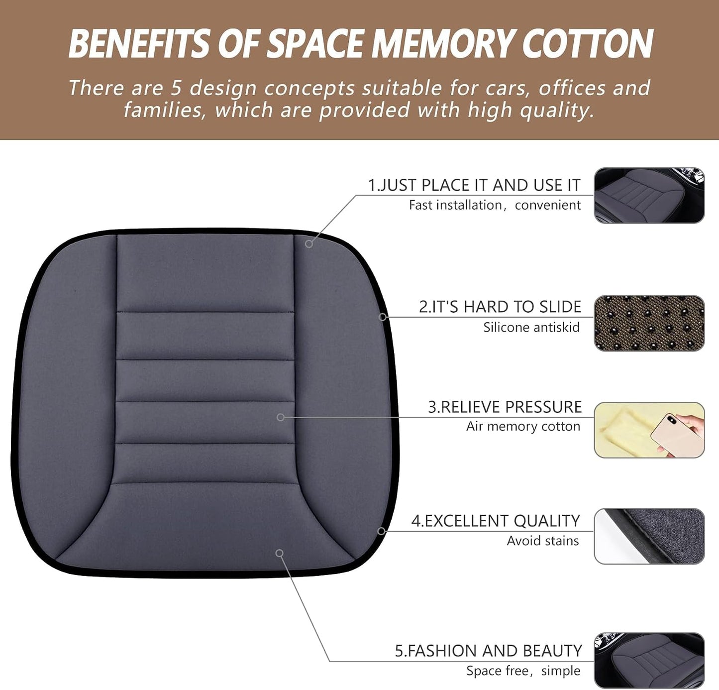 Car Seat Cushion Pad 1.2" Thick Comfort Seat Protector for Car Driver Seat Office Chair Home Use Memory Foam Seat Cushion with Non Slip Bottom, 20'' x 18.5'', Black