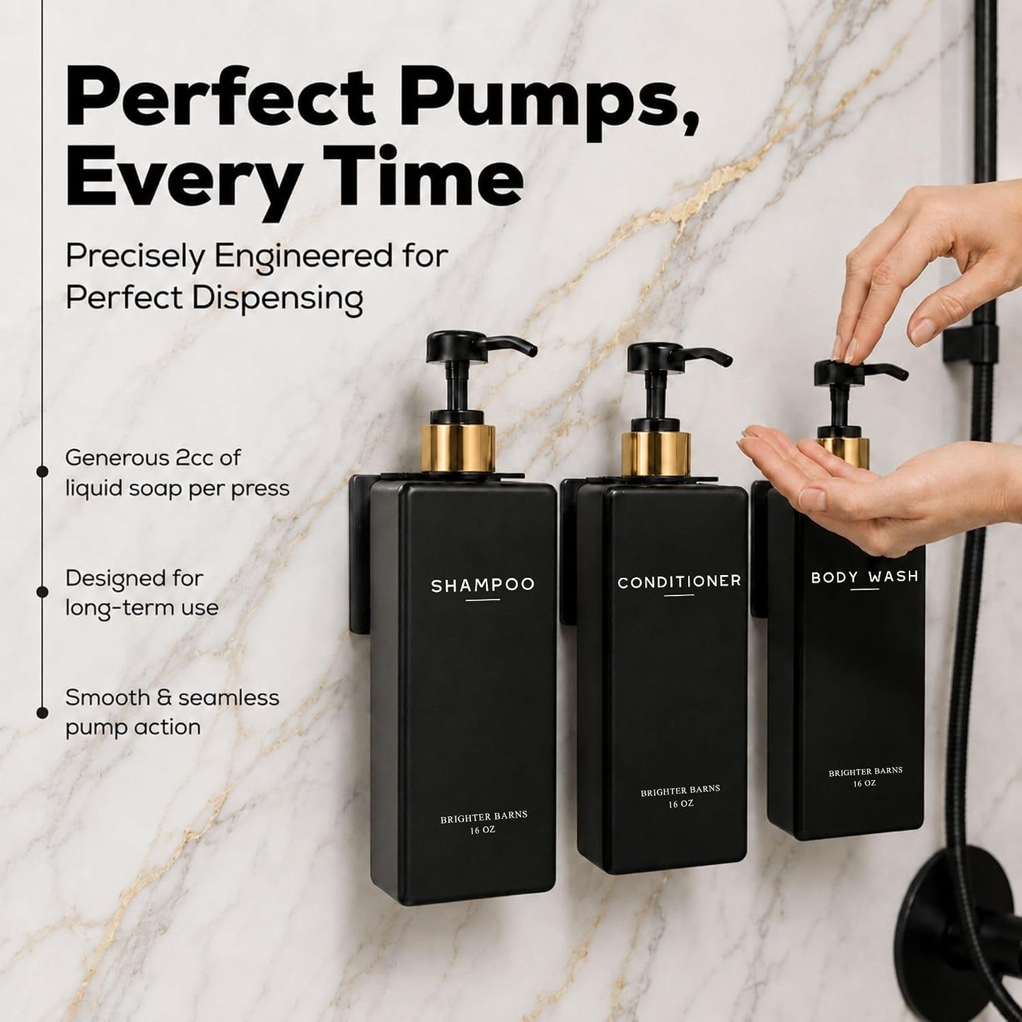 Clear Shampoo and Conditioner Dispenser Set Wall Mounted by Brighter Barns - Refillable Shower Soap Dispensers 3 Chamber No Drill - Plastic Shampoo, Body Wash and Conditioner Bottle for Hotels (Clear)