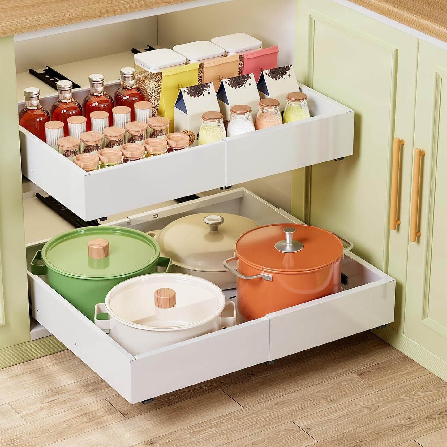 Dayacoco Pull Out Cabinet Organizer, Expandable Width (11.4"-19.4") and Depth (16.7"-21") With 3 Rails, Heavy Duty Slide out Drawers for Kitchen Base Cabinet Organization, No Drill, White
