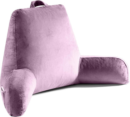 OAISZ Reading Pillow for Sitting in Bed with Shredded Memory Foam, Grey | 19-Inch Back Pillow for Sitting Up in Bed, Extended Arms, Side Pockets, Supportive Adjustable Pillow Removable Washable Cover