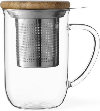 VIVA Minima Balance Glass Tea Cup with Infuser and Lid, 17oz, Clear Bamboo