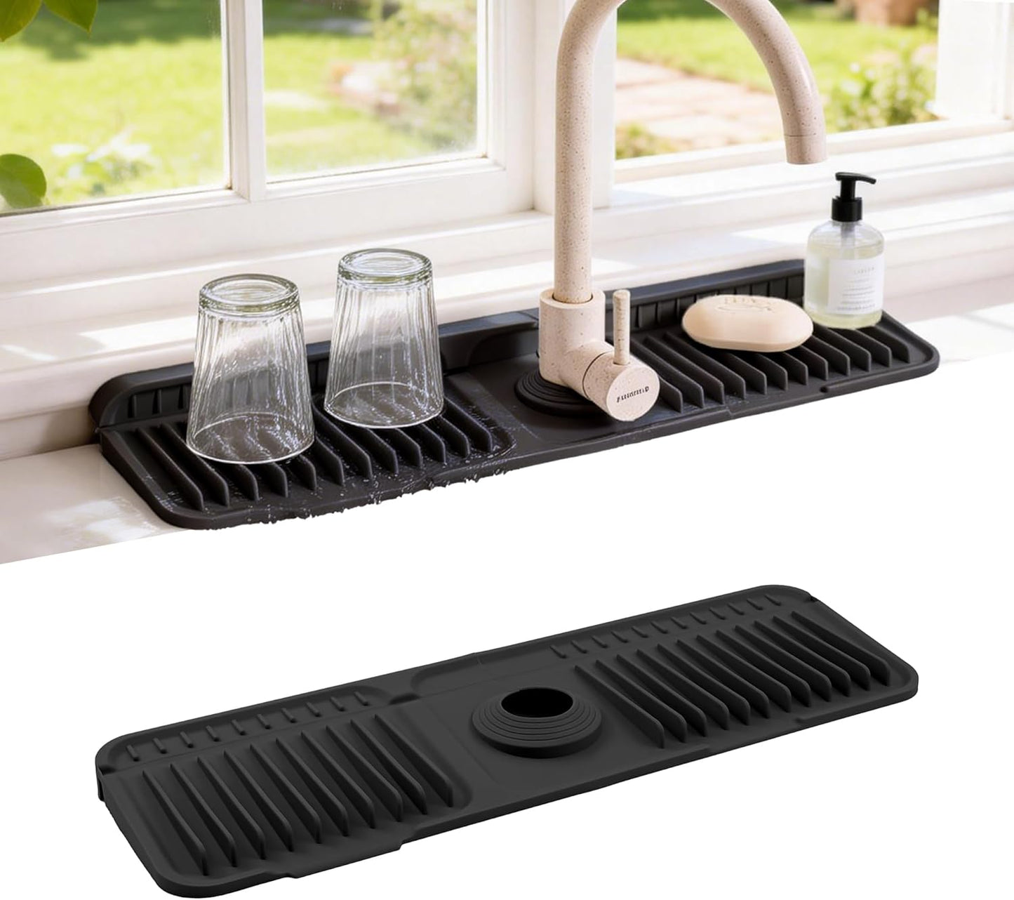 ZJWZLG Faucet Mat for Kitchen Sink, 14"X5.5" Silicone Sink Splash Guard , Snap-On Design & 7°slope Fast Drain, Folding Sink Faucet Mat for Universal Kitchen Bathroom Sink(Grey)