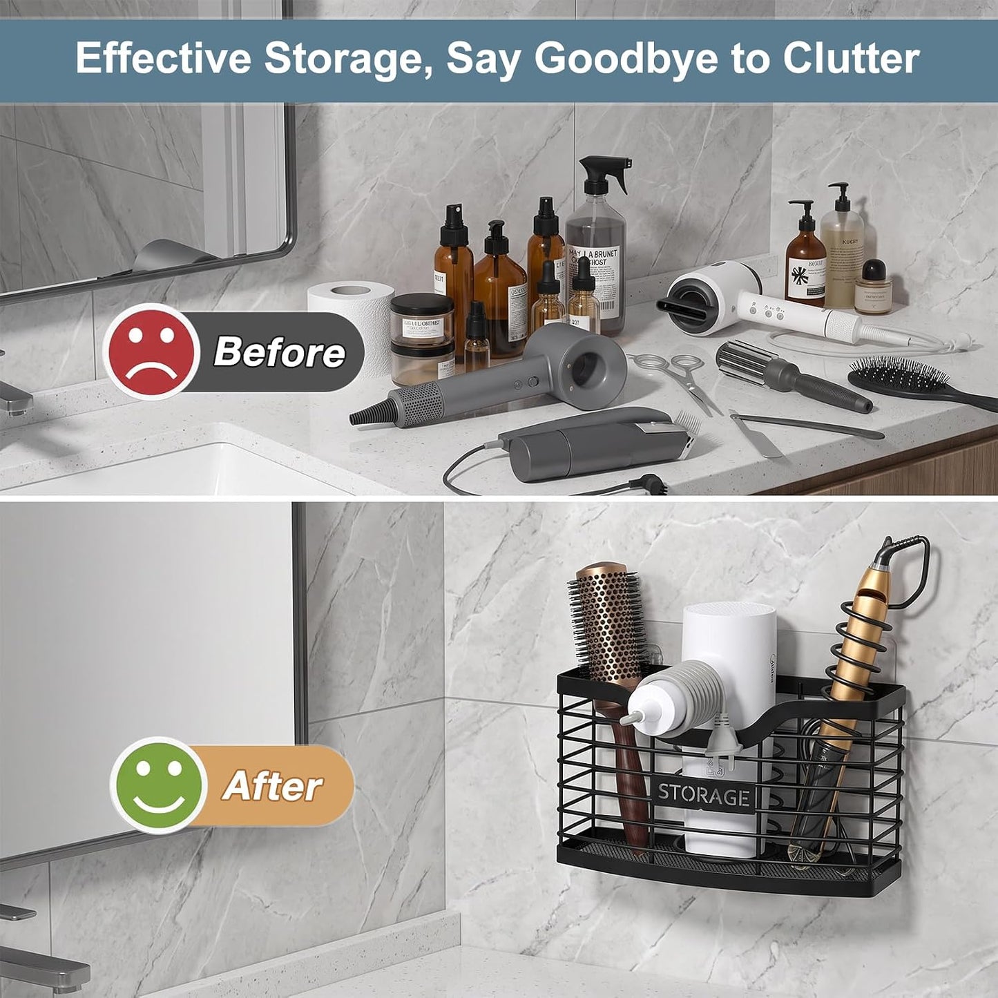 Hair Tool Organizer, Hair Dryer Holder for Bathroom Vanity Counter Cabinet | Dresser Blow Dryer Holder, No Drilling Wall Mount Storage Basket for Blow Dryers, Shaver, Comb, Curling Iron, Straightener