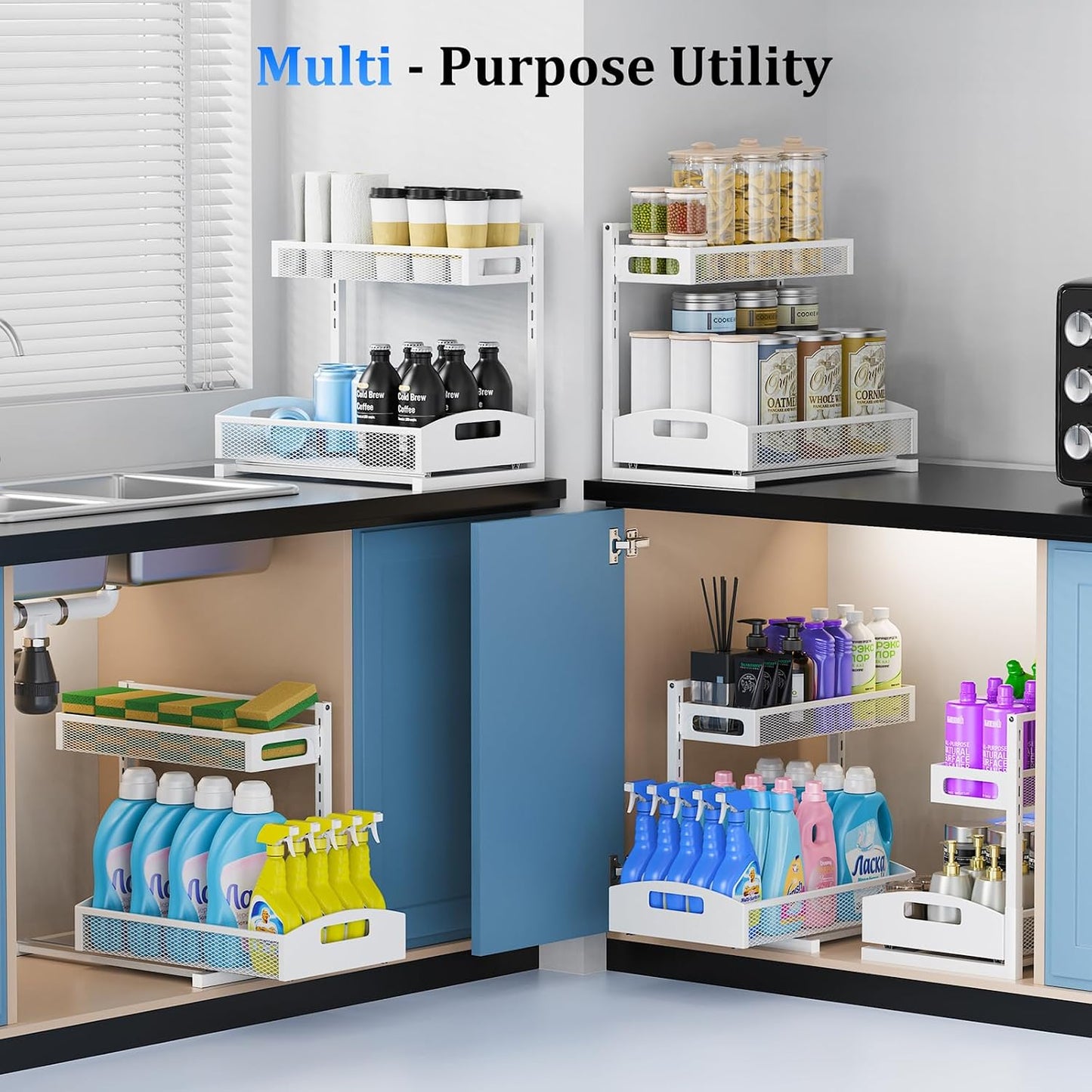 Petiza Under Sink Organizer Adjustable Height 2 Tier Bathroom Organizer Pull Out Cabinet Organer kitchen organizers and storage fridge organizers and storage,White,XL-1 Pack