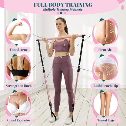 Pilates Bar Kit with Resistance Bands, Multifunctional Yoga Pilates Kit | Heavy-Duty Metal Adjustment Buckle, Portable Home Gym Pilates Resistance Bar Kit for Women Full Body Workouts
