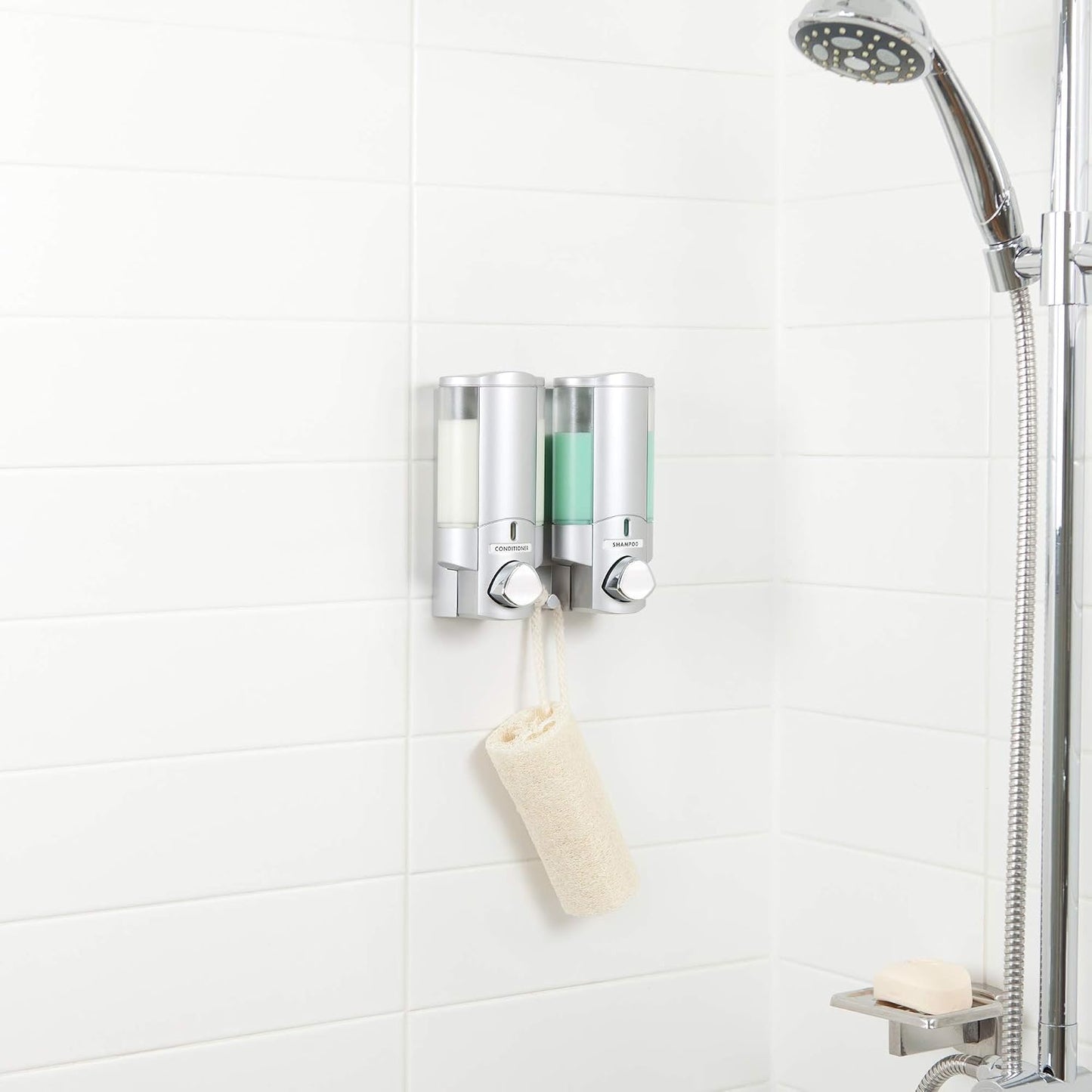 Better Living Aviva Wall Mount Shower Dispenser, 3 x 11 oz, Satin Silver | 3 Chamber, Shower Dispenser for Bathroom, Built-in Hooks, No Drill, Waterproof Dispenser Pump