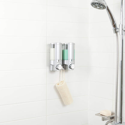 Better Living Aviva Wall Mount Shower Dispenser, 3 x 11 oz, Satin Silver | 3 Chamber, Shower Dispenser for Bathroom, Built-in Hooks, No Drill, Waterproof Dispenser Pump