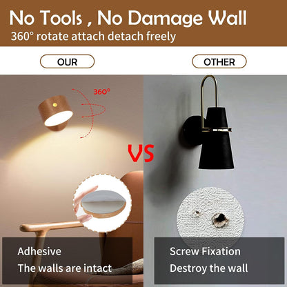 Wooden Wall Sconce 360° Rotatable Magnetic Stick on Bedside- Beech,1 PCS | Wall light self adhesive,dimmable touch control. USB-C port, minimalist style in hallways,closets,desk,reading,ambient