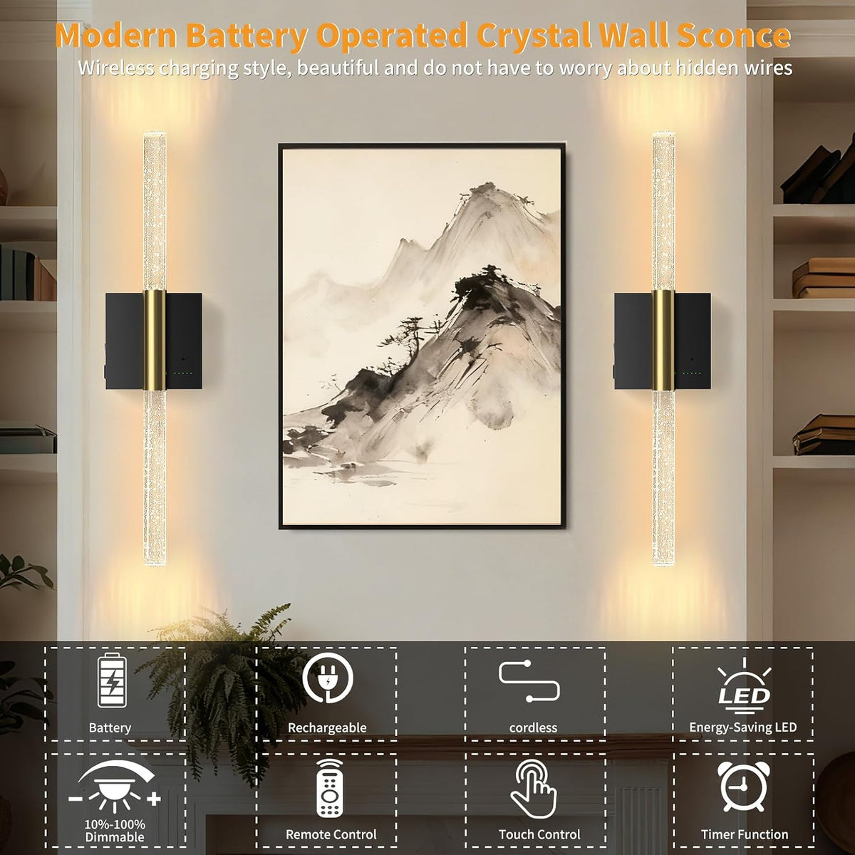 Battery Operated Sconces Set of 2, 28in Rechargeable Wireless Wall Lights
