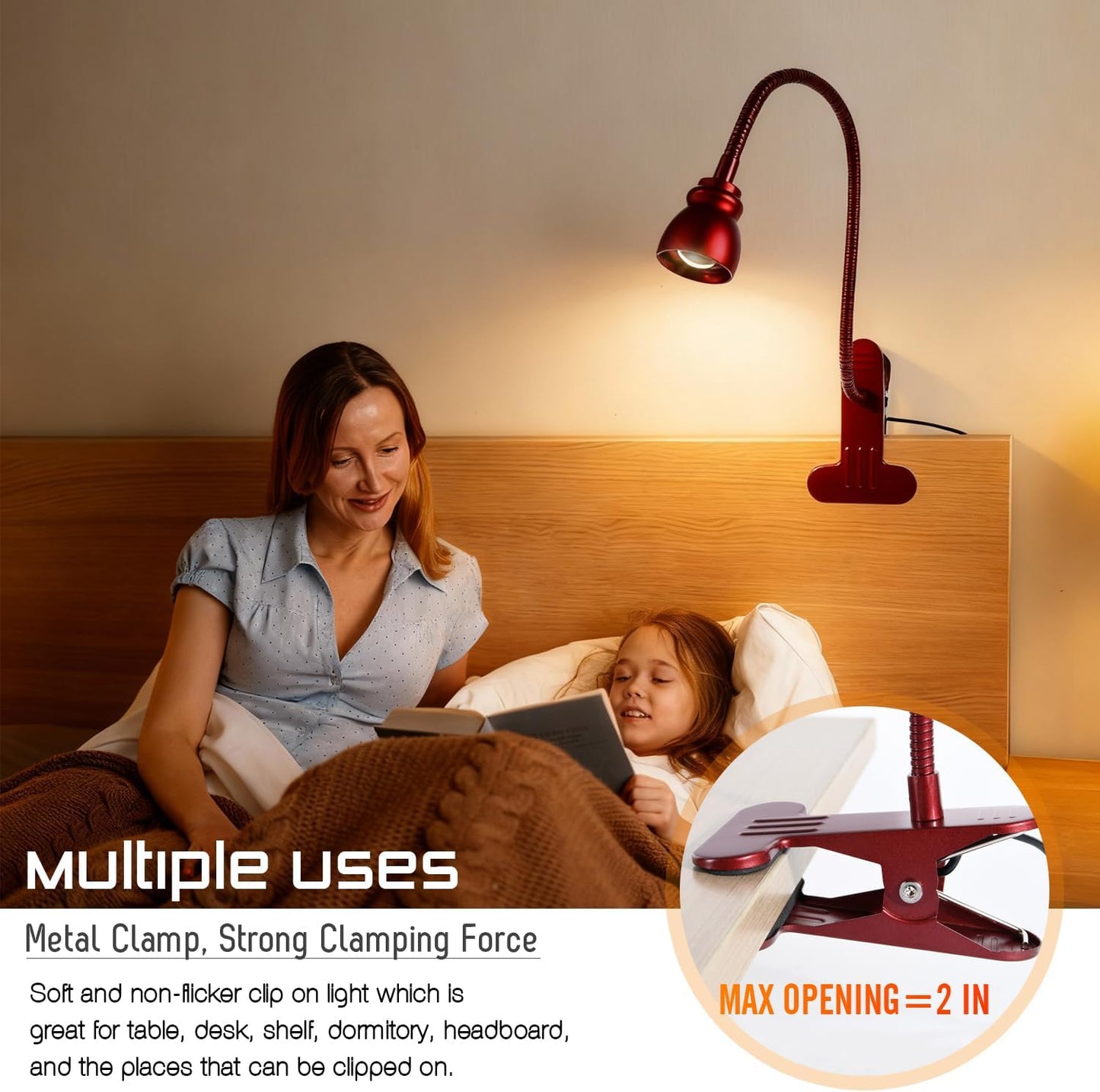 Zoomable Clip on Light, Clamp Reading Light for Dorm Bed Headboard, Dimmable Spotlight with 3 Color Temperature Options, 10 Dimmable Brightness Levels, Adjustable Beam Angle