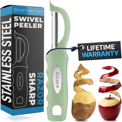 Zulay Kitchen Premium Vegetable Peeler for Kitchen - Swivel Peeler with Razor Sharp Stainless Steel Blades & Strong Ergonomic Handle - Dishwasher Safe, Easy To Use with Blemish Remover - Black
