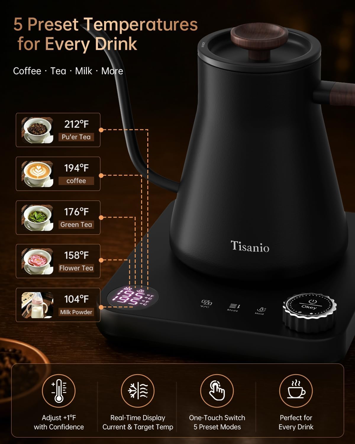 Gooseneck Electric Kettle with Temperature Control, 0.9L, Black | ±1°F Precision Pour Over Kettle, LCD Dual Display, Smart Two-Stage Heating, 2H Keep Warm, 304 Stainless Steel Interior