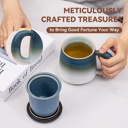 Ceramic Tea Mug with Infuser & Lid, 15oz Kiln-Transformed Unique Cup – Nature's Artisan Design, Loose Leaf Tea Cup with Infuser, Insulated Ceramic Coffee Mugs with Lid, Gift for Women/Men