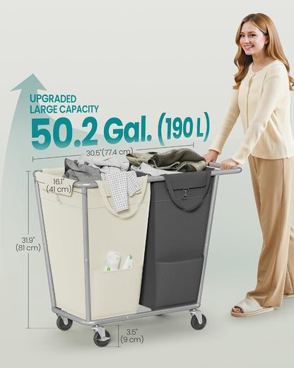 SONGMICS Laundry Basket with Wheels, 3-Section Laundry Sorter, 76.6 Gallons (290 L) Rolling Hamper with Removable Bags, Heavy-Duty Steel Frame, Cream White, Dark Gray and Ink Black URLS010X01