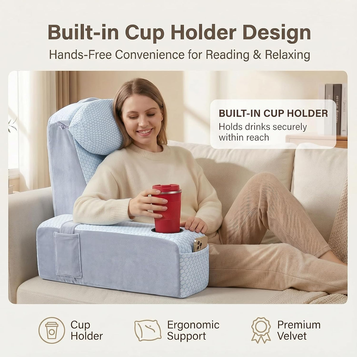 21 INCH Reading Pillow for Adults, Back Pillow for Bed Sitting Up, Backrest Pillow for Sitting in Bed, Detachable Arms with Built-in Cup & Phone Caddy (Gray, 21 INCH)