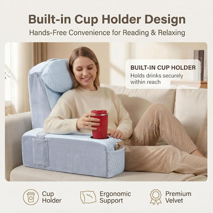 21 INCH Reading Pillow for Adults, Back Pillow for Bed Sitting Up, Backrest Pillow for Sitting in Bed, Detachable Arms with Built-in Cup & Phone Caddy (Gray, 21 INCH)