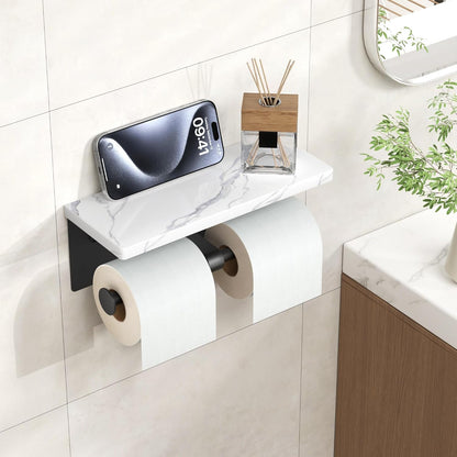 FORIOUS Toilet Paper Holder with Shelf, Natural Marble, Commercial | Brushed Nickel, Wall Mount 304 Stainless Steel Commercial Bathroom Tissue Roll Dispenser, Heavy Duty Washroom Paper Storage