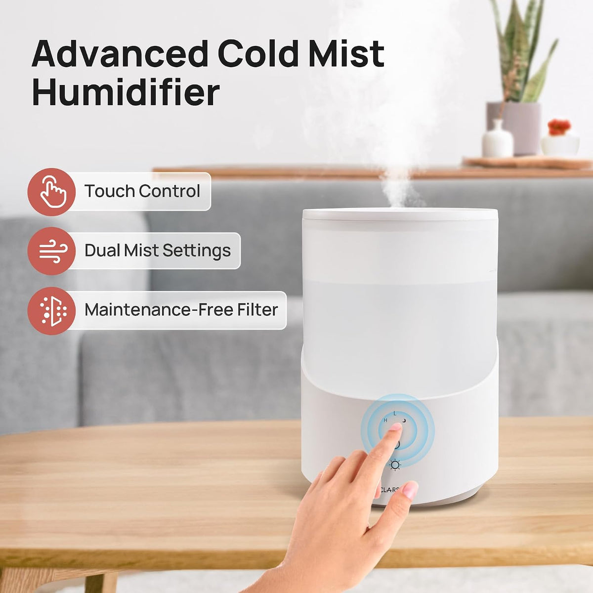 Clarston Humidifiers for Bedroom, 2L Cool Mist Humidifier, 24dB Quiet Sleep