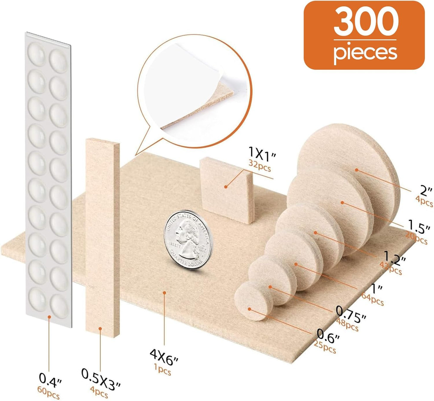 Furniture Pads 300 Pack Furniture Felt Pads for Hardwood Floors, Beige | Huge Quantity Self Adhesive Anti Scratch Floor Protector for Furniture Legs with 60 Cabinet Door Bumpers