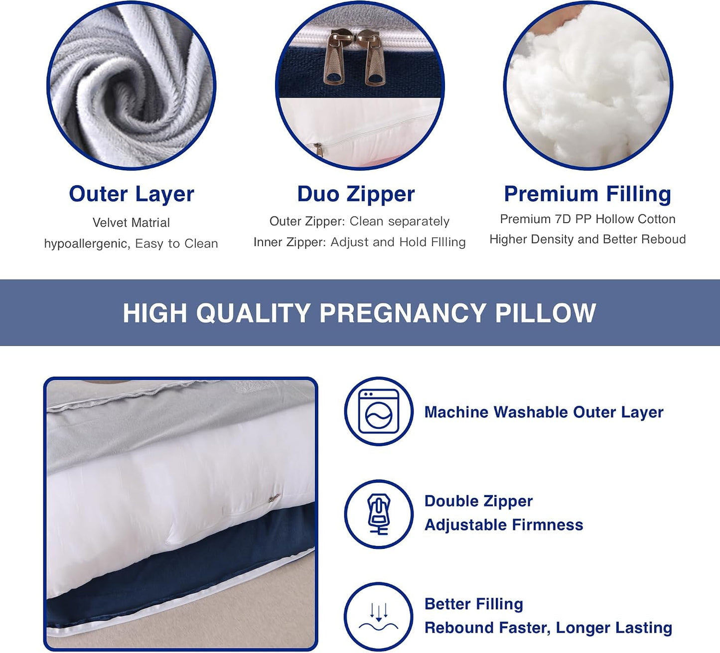 ALLOPERA Pregnancy Pillows for Sleeping, 57-Inch U-Shaped Full Body Maternity Pillow with Adjustable Fill and Removable Washable Cover, Back, Belly, Hip and Leg Support for Pregnant Women, Black Grey