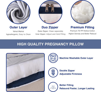 ALLOPERA Pregnancy Pillows for Sleeping, 57-Inch U-Shaped Full Body Maternity Pillow with Adjustable Fill and Removable Washable Cover, Back, Belly, Hip and Leg Support for Pregnant Women, Black Grey