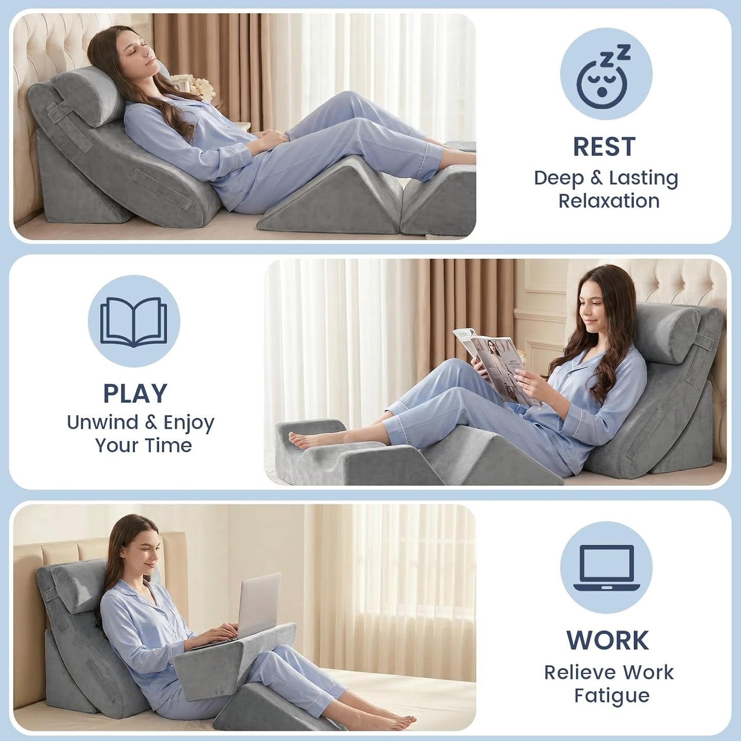 5PCS Wedge Pillow Set for After Surgery, Adjustable Orthopedic Foam Bed Wedge Pillow for Acid Reflux, GERD & Heartburn Relief, Back & Leg Elevation Support for Sleeping & Sitting Up, White Grey