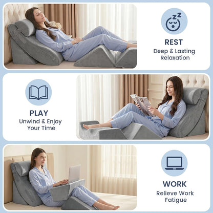 5PCS Wedge Pillow Set for After Surgery, Adjustable Orthopedic Foam Bed Wedge Pillow for Acid Reflux, GERD & Heartburn Relief, Back & Leg Elevation Support for Sleeping & Sitting Up, White Grey