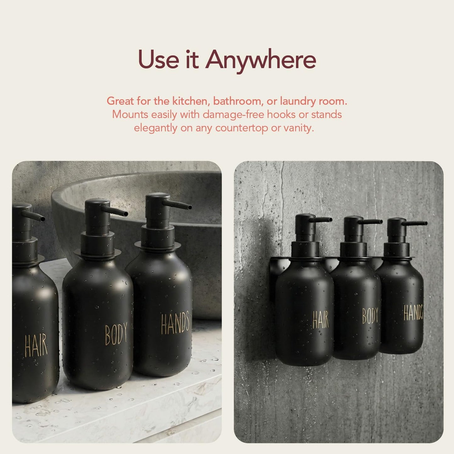 Black Soap Dispenser Set for Bathroom – 3-Packs Refillable Bottle Set, Soft Touch Pump Bottles Wall Mount Hooks Stickers Glue with Vanity Sink Placement Modern Design