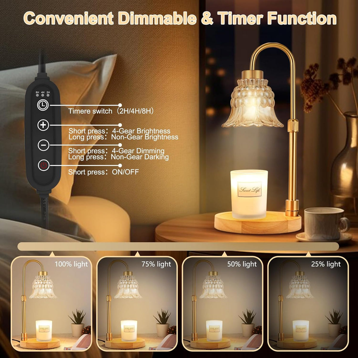 Candle Warmer Lamp with Timer & 3 Bulbs, Dimmable Electric CandleLight Adjustable Height and Brightness Candle Wax Warmer for Jar Candles Bedroom Home Decor House Warming Gift for Women (Round Gold)