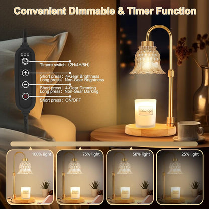 Candle Warmer Lamp with Timer & 3 Bulbs, Dimmable Electric CandleLight Adjustable Height and Brightness Candle Wax Warmer for Jar Candles Bedroom Home Decor House Warming Gift for Women (Round Gold)