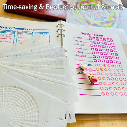 Journal Stencils, 14 PCS A5 Plastic Reusable Multi-Functional Tracker & Planner Stencils for Dotted Journals, Easily to Track Your Daily Life and Create Custom Layout for Dot Journal Notebook