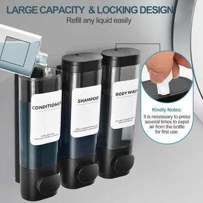 Shampoo Conditioner Shower Soap Dispenser 3 Chamber Wall Mount Black | Refillable. Leakproof 900ml. No-Drill Wall Mount. Soap, Shampoo, Conditioner, Body Wash, Shower Gel, Bathroom Set. BPA-Free.
