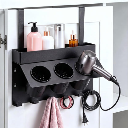 Hair Tool Organizer Wall Mount Hair Dryer Holder for Cabinet Door | 6 Hooks Adjustable Height 3-in-1 Blow Dryer Holder for Bathroom Storage Heat Resistant Styling for Flat Iron Curling Iron
