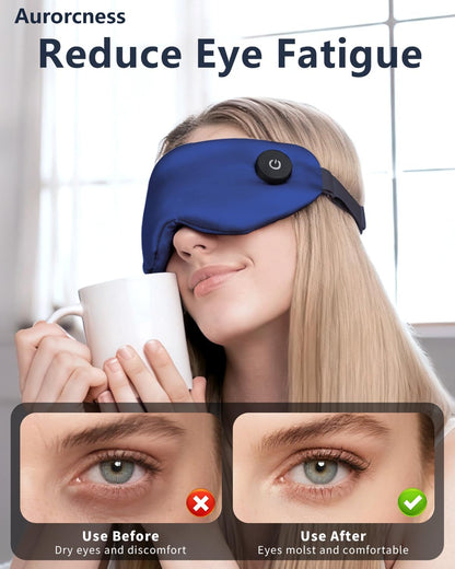 Heated Eye Mask for Dry Eyes – Cordless Warm Eye Compress, 100% Mulberry Silk Sleep Mask with Graphene Heating, 3 Heat Levels and Auto Shut-Off, Rechargeable and Washable Blue