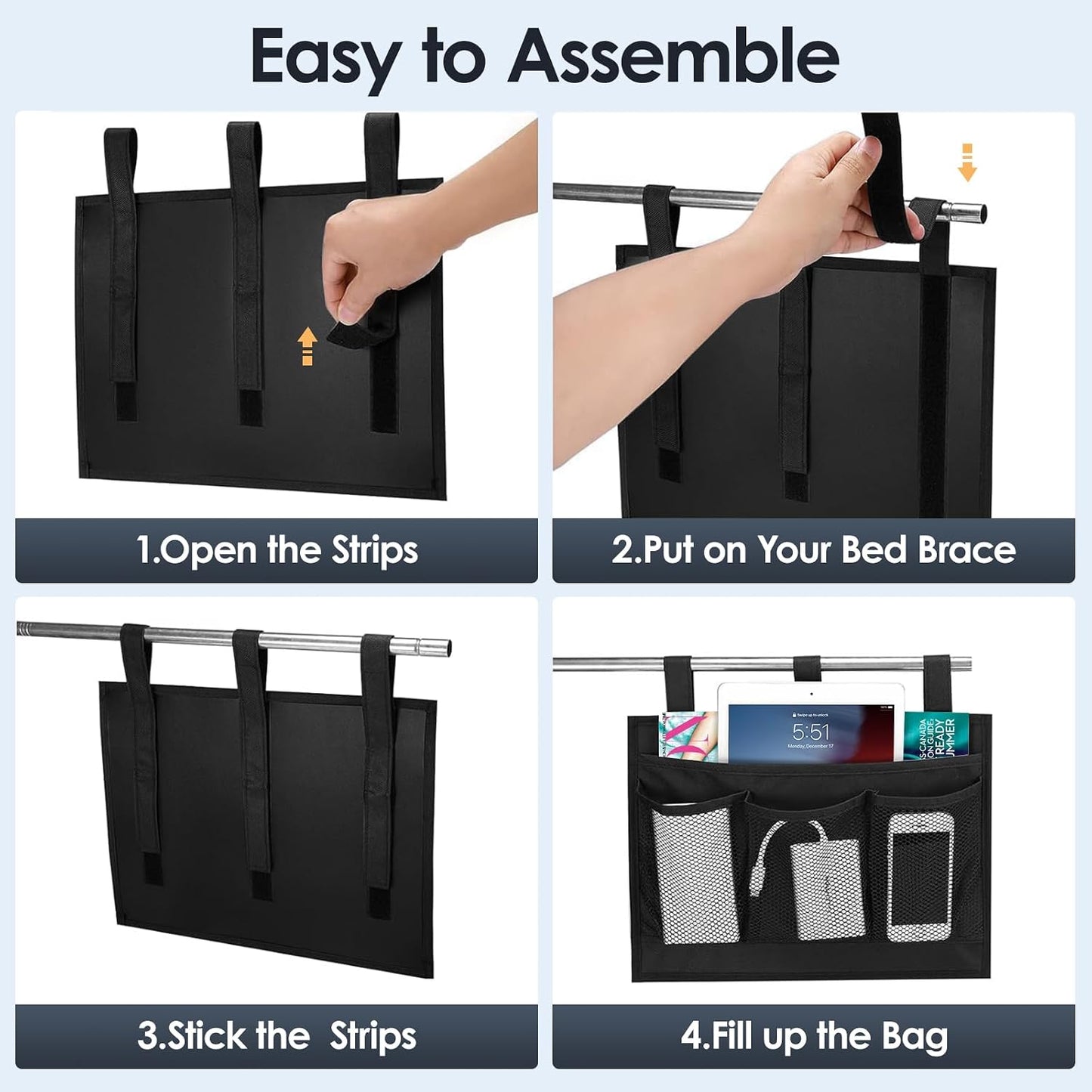Bedside Caddy Storage Organizer, Hanging Storage Bag Pocket for Bunk/Hospital Beds,College Dorm Organizer for Remotes Phone,College Dorm,Camp,Bed Rails(4 Pockets),Black