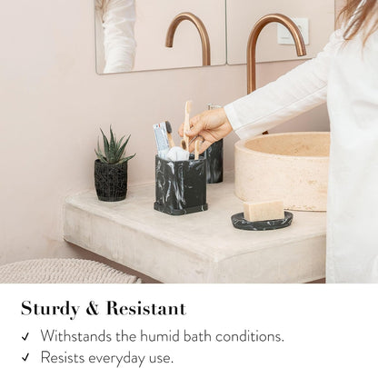 Marble Look Toothbrush Holder for Bathroom Countertop Organizer, Holds Toothpaste, Dental Floss, Razor, Comb, Makeup Brushes, and More, Stylish Bathroom Accessory for Tooth Brushing Essentials