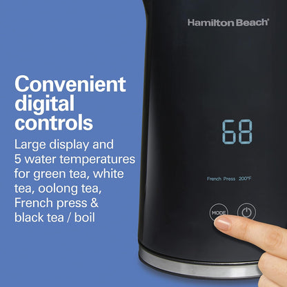Hamilton Beach Digital Temperature Control Electric Tea Kettle, Hot Water Boiler & Heater 1.7L, 5 Preset Modes + Keep Warm, Fast Boil 1500 Watts, BPA Free, Cool-Touch Exterior, Black (41033) | Fast Boiling 1500 Watts |Temp Control + 5 Presets |