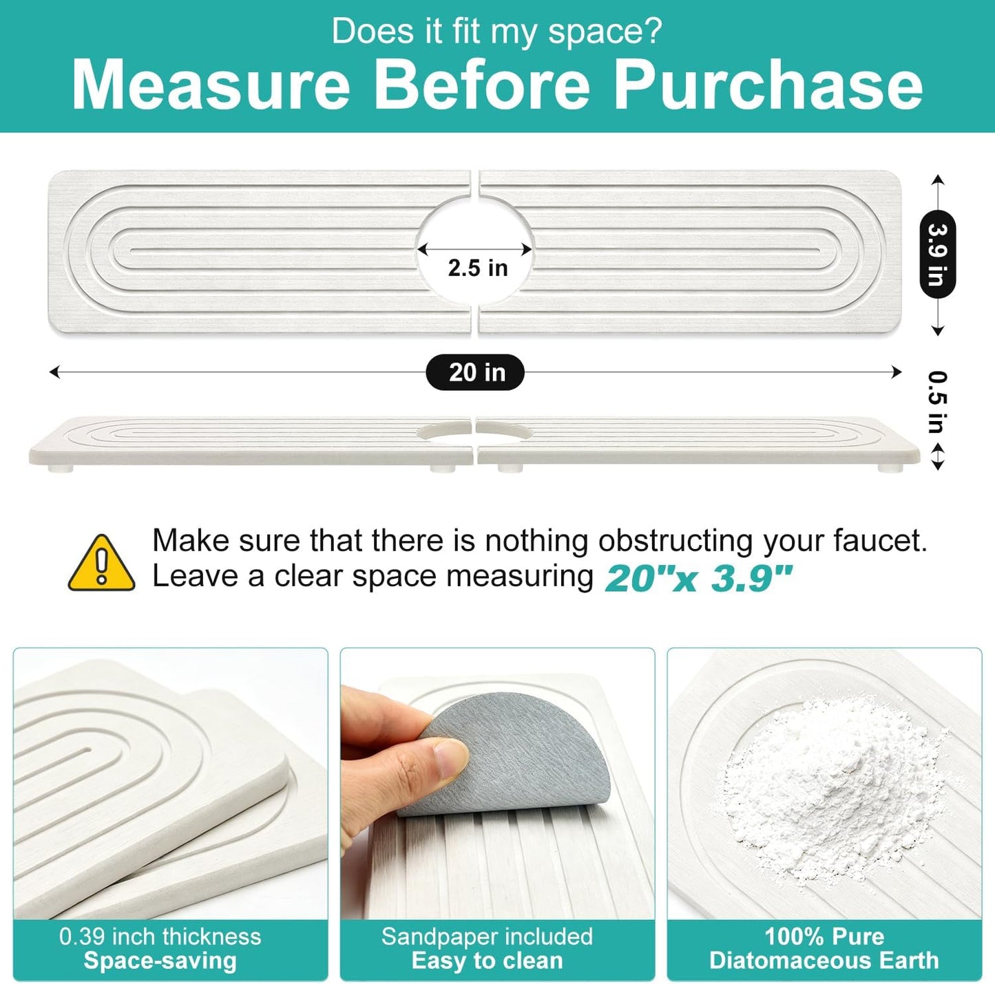 Fast Dry Stone Faucet Mat for Bathroom Sink Kitchen Counter Marble Trays | Small Diatomite Sink Splash Guard White Absorbent Tray Counter Quick Drying Stone Kitchen Diatomaceous Earth Around Faucet